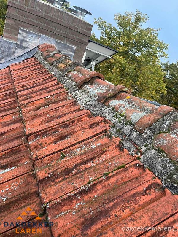 Verweerd hellend dak met mosgroei op nokvorst in Laren Verweerd hellend dak met mosgroei op nokvorst in Laren