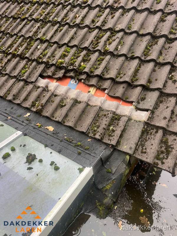 Beschadigd pannendak met ontbrekende dakpannen voor reparatie in Laren Beschadigd pannendak met ontbrekende dakpannen voor reparatie in Laren