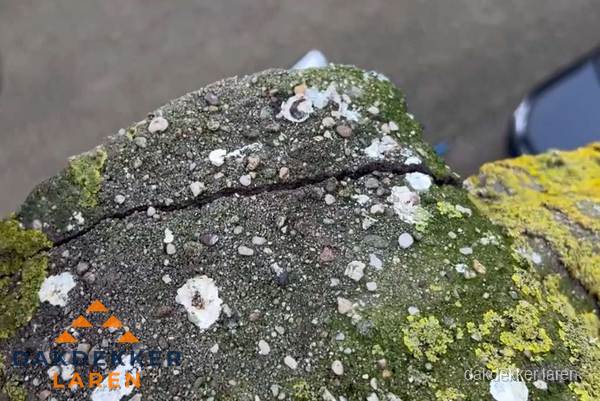Beschadigde en verweerde nokvorst met scheuren en mos in Laren